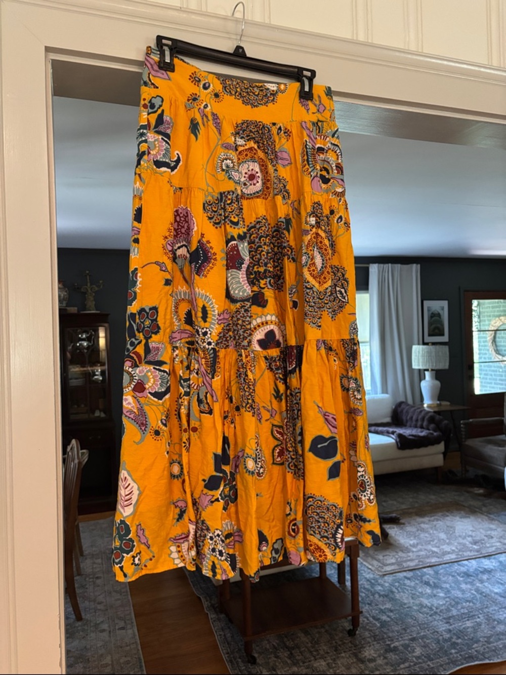 Anthropologie Bold Yellow Floral-Print Maxi Skirt